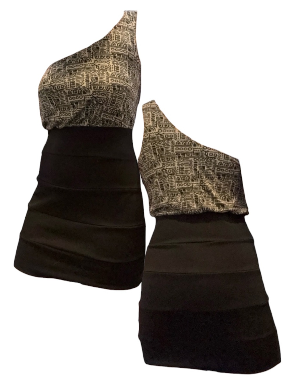 One-Shoulder Black and Gray Tribal Patterned Dress